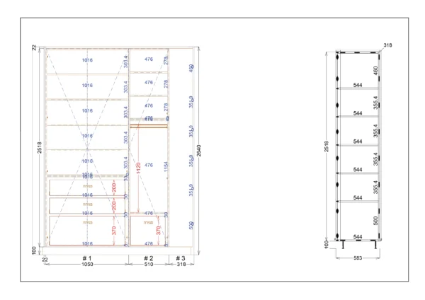 תכנון ארון קיר - חיתוך חזית קידמית